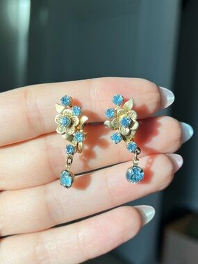 Gold Floral Drop Earrings with Blue Crystals